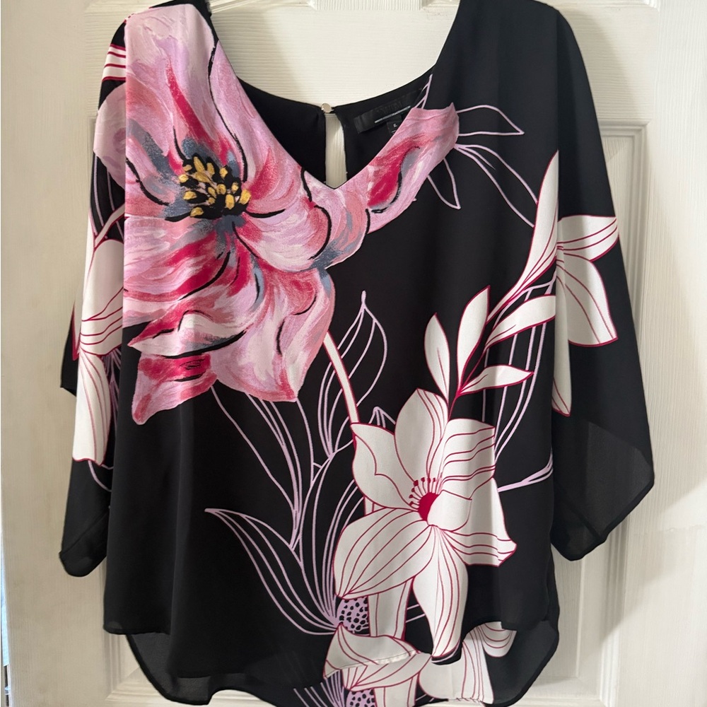 White House Black Market Black and Pink Floral Blouse
